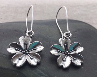 SALE - Cherry Blossom Earrings - Silver Blossom Earrings - Cherry Blossom Jewelry -  Blossom Jewelry Gifts -  Flower Dangle Earrings