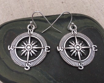 SALE - Silver Compass Earrings - Compass Dangle Earrings - Bon Voyage Jewelry - Adventure Travel Jewelry - Compass Jewelry Gifts