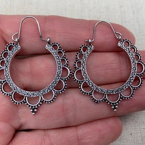 Boho Hoop Earrings - Bali Hoop Earrings - Lacey Hoop Earrings - Dainty Silver Hoops - Gifts For Her - Silver Bohemian Hoops - Gifts For Wife image 7