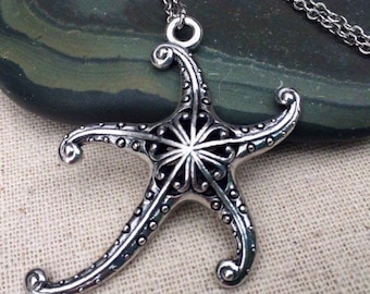 SALE - Large Starfish Necklace - Whimsical Starfish Necklace - Silver Starfish Necklace - Big Starfish Necklace Unique Starfish Necklace