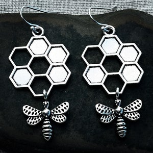 Honeycomb Bee Earrings - Silver Bee Earrings - Honeycomb Dangle Earrings - Honeybee Drop Earrings - Silver Honeybee Earrings