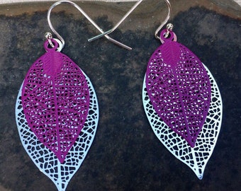 SALE - Purple Leaf Earrings - Purple Earrings - Purple Jewelry - Silver Leaf Earrings - Filigree Leaf Earrings - Leaf Jewelry Gifts