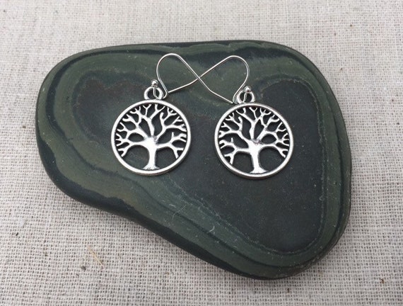 Round Tree Earrings - Silver Tree Earrings - Tree of Life Earrings - Tree Disc Earrings - Little Tree Earrings - Small Tree Earrings