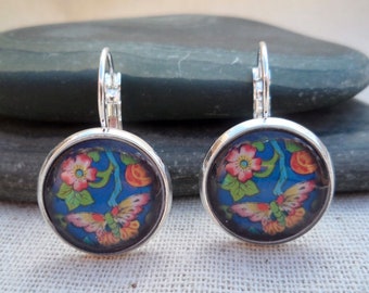 SALE - Unique Butterfly Earrings - Blue Floral Earrings - Butterfly Jewelry Gifts - Botanical Art Earrings
