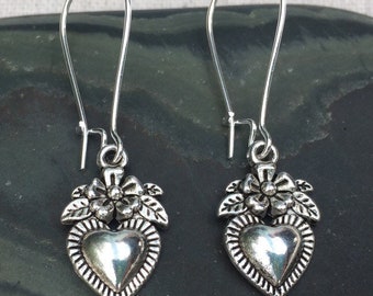 SALE - Dainty Heart Earrings - Dangle Heart Earrings - Floral Heart Earrings - Silver Heart Earrings - Little Flower Earrings - Heart Gifts