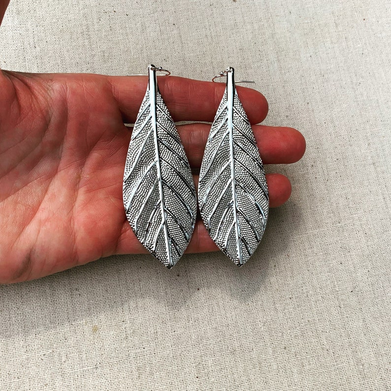 SALE Large Leaf Earrings Big Leaf Earrings Statement Leaf Earrings Boho Leaf Earrings Huge Leaf Earrings Silver Leaf Earrings image 8