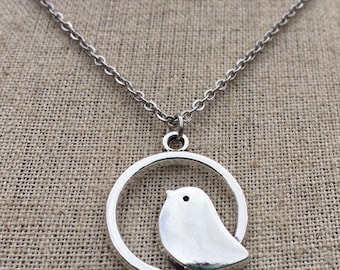 SALE - Round Bird Necklace - Silver Bird Necklace - Mod Bird Necklace - Mama Bird Necklace - Bird Jewelry Gifts - Bird Necklace Gifts