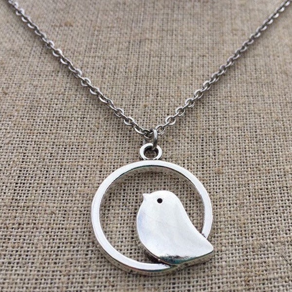 SALE - Round Bird Necklace - Silver Bird Necklace - Mod Bird Necklace - Mama Bird Necklace - Bird Jewelry Gifts - Bird Necklace Gifts