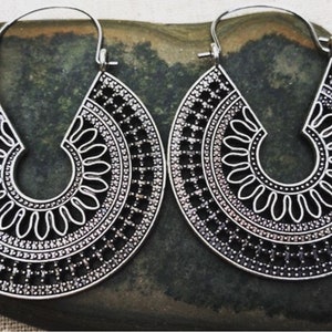 SALE - Boho Hoop Earrings - Mandala Hoop Earrings - Ethnic Hoop Earrings - Bohemian Hoop Earrings - Big Hoop Earrings - Silver Hoop Earrings