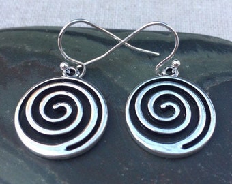 SALE - Silver Swirl Earrings - Spiral Silver Earrings - Infinity Dangle Earrings - Whimsical Circle Earrings - Silver Pinwheel Earrings