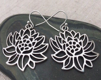 SALE - Lotus Flower Earrings - Silver Flower Earrings - Lotus Dangle Earrings - Modern Flower Earrings - Wildflower Drop Earrings