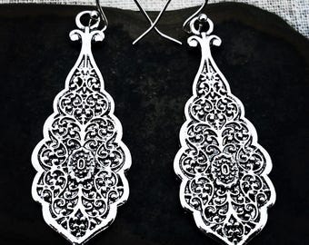 Victorian Dangle Earrings - Long Silver Earrings - Vintage Silver Earrings - Silver Filigree Earrings - Boho Dangle Earrings - Boho Jewelry