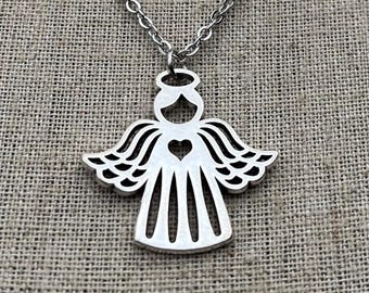 SALE - Heart Angel Necklace - Silver Angel Necklace - Christmas Angle Necklace - Love Angel Necklace - Holiday Necklace - Christmas Necklace