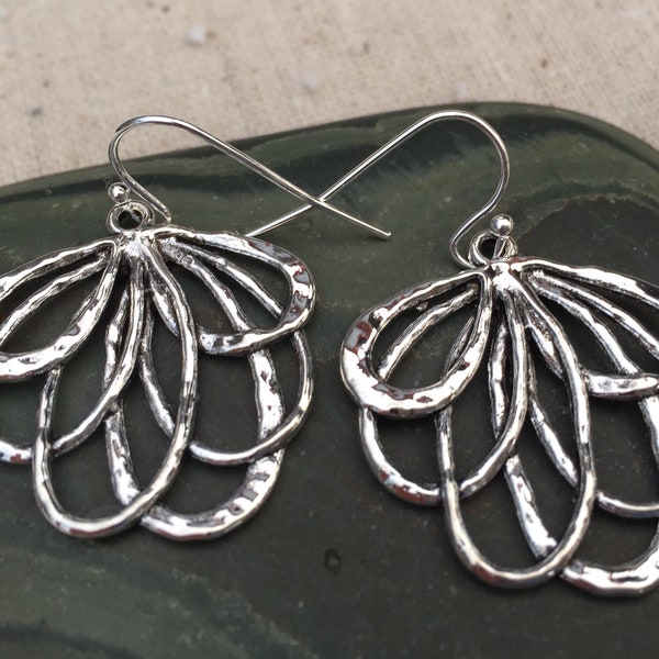 SALE - Silver Fan Earrings - Unique Silver Earrings - Silver Petal Earrings - Lotus Flower Earrings - Whimsical Silver Earrings