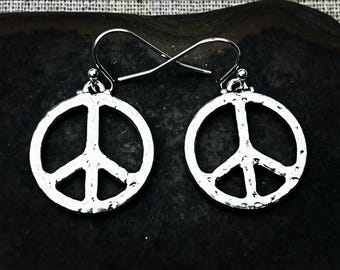 Silver Peace Earrings - Peace Sign Earrings - Peace Sign Jewelry - Peace Dangle Earrings - Peace Sign Gifts - Prace Gifts For Her