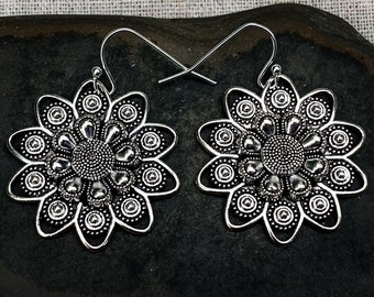 SALE - Ethnic Flower Earrings - Boho Flower Earrings - Silver Flower Earrings - Bali Flower Earrings - Funky Flower Earrings