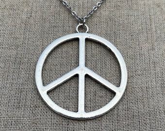 SALE - Big Peace Sign Necklace - Silver Peace Sign Necklace - Large Peace Sign Pendant - Peace Sign Jewelry - Peace Sign Pendant Necklace