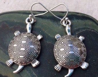 SALE - Big Turtle Earrings - Turtle Dangle Earrings - Turtle Lover Earrings - Silver Turtle Earrings - Silver Turtle Jewelry