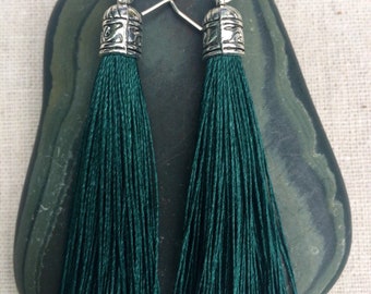 SALE - Dark Green Tassel Earrings - Long Dark Green Earrings - Dark Green Statement Earrings - Forest Green Earrings - Dark Green Jewelry