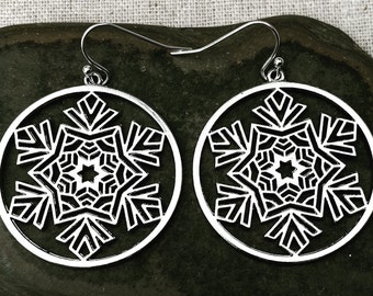 SALE - Big Snowflake Earrings - Snowflake Dangle Earrings - Large Snowflake Earrings - Silver Snowflake Earrings - Festive Winter Earrings