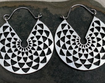 SALE - Mandala Hoop Earrings -  Modern Hoop Earrings - Geometric Hoop Earrings - Silver Geometric Earrings - Mod Silver Hoop Earrings