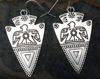 SALE - Big Arrowhead Earrings - Thunderbird Earrings - Native American Earrings - Silver Arrow Earrings - Thunderbird Arrowhead Jewelry