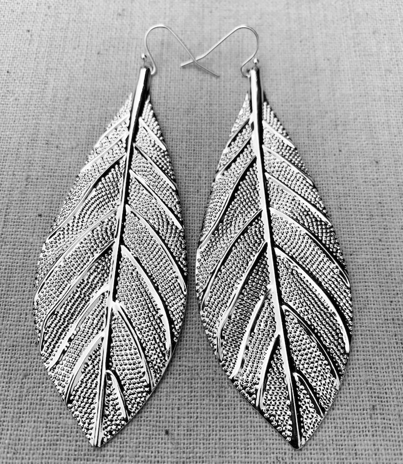 SALE Large Leaf Earrings Big Leaf Earrings Statement Leaf Earrings Boho Leaf Earrings Huge Leaf Earrings Silver Leaf Earrings image 3