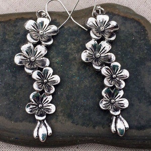 SALE - Long Flower Earrings - Floral Statement Earrings - Big Flower Earrings - Silver Floral Earrings - Unique Flower Earrings