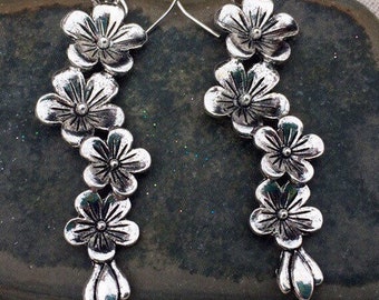 SALE - Long Flower Earrings - Floral Statement Earrings - Big Flower Earrings - Silver Floral Earrings - Unique Flower Earrings