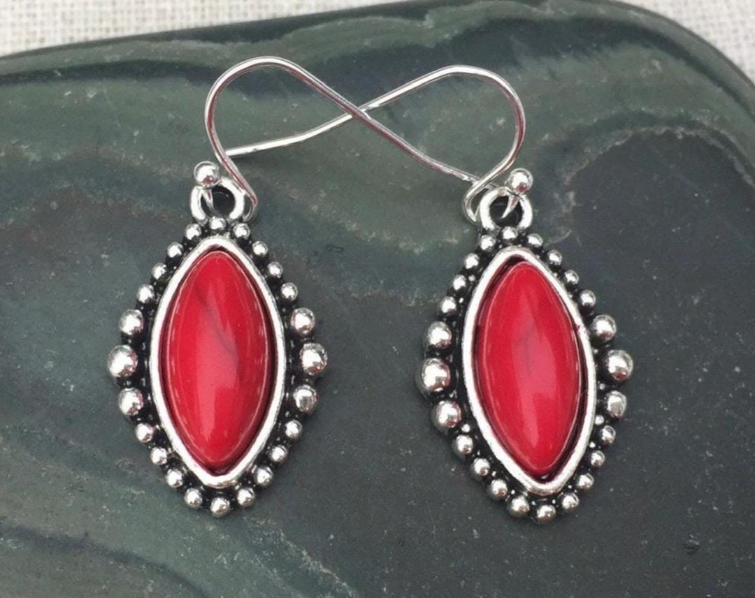 Rectangular Red Earrings Red Dangle Earrings - Red Stone Earrings - Red Drop Earrings - Red ...