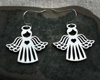 Heart Angel Earrings - Silver Angel Earrings - Christmas Angle Earrings - Angle Jewelry Gifts - Holiday Earrings - Christmas Earrings
