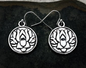 SALE - Lotus Flower Earrings - Lotus Dangle Earrings - Lotus Drop Earrings - Silver Flower Earrings - Lotus Flower Jewelry - Yoga Jewelry