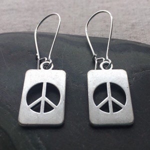 SALE - Peace Tag Earrings - Peace Sign Earrings  - Silver Peace Jewelry - Gifts of Peace - Silver Peace Earrings - Peace Dangle Earrings
