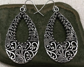 SALE - Boho Teardrop Earrings - Silver Teardrop Earrings - Filigree Teardrop Earrings - Whimsical Dangle Earrings - Large Bohemian Earrings