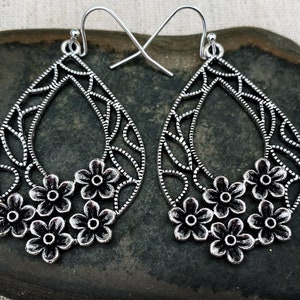 Floral Drop Earrings - Teardrop Flower Earrings - Filigree Teardrop Earrings - Silver Drop Earrings - Silver Flower Dangle Earrings