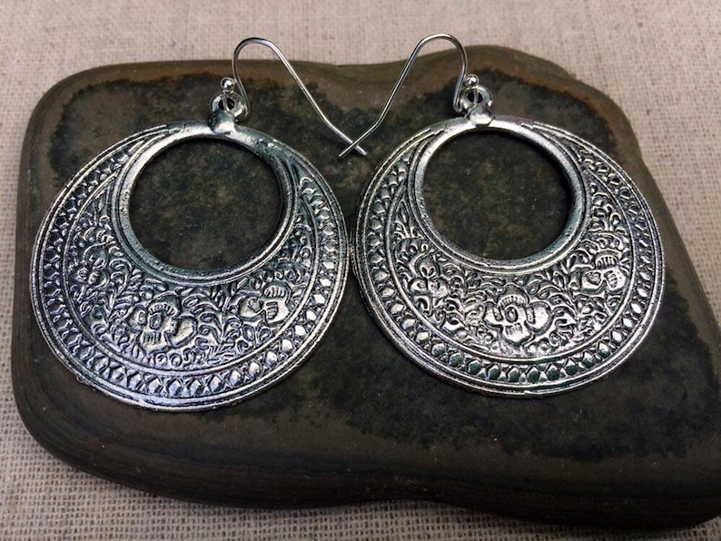 SALE Floral Hoop Earrings Silver Boho Hoop Earrings Floral Disc Earrings Bohemian Flower Earrings Boho Flower Hoops Boho Jewelry image 3