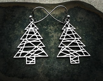 Modern Christmas Tree Earrings - Minimalist Christmas Tree Earrings - Silver ChristmasTree Earrings - Mod Minimalist Christmas Tree Jewelry