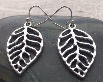 SALE - Cutout Leaf Earrings - Silver Leaf Earrings - Medium Leaf Earrings - Simple Leaf Earrings