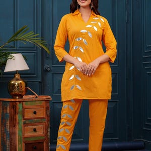 Conjunto indio con estampado de lámina amarilla mostaza / Conjunto de pantalón kurta étnico / Conjunto festivo de algodón para mujer / Traje indio hecho a mano para verano