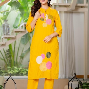 Conjunto de algodón amarillo mostaza para mujer, kurta con estampado circular, ropa étnica india de verano, atuendo festivo para Diwali.