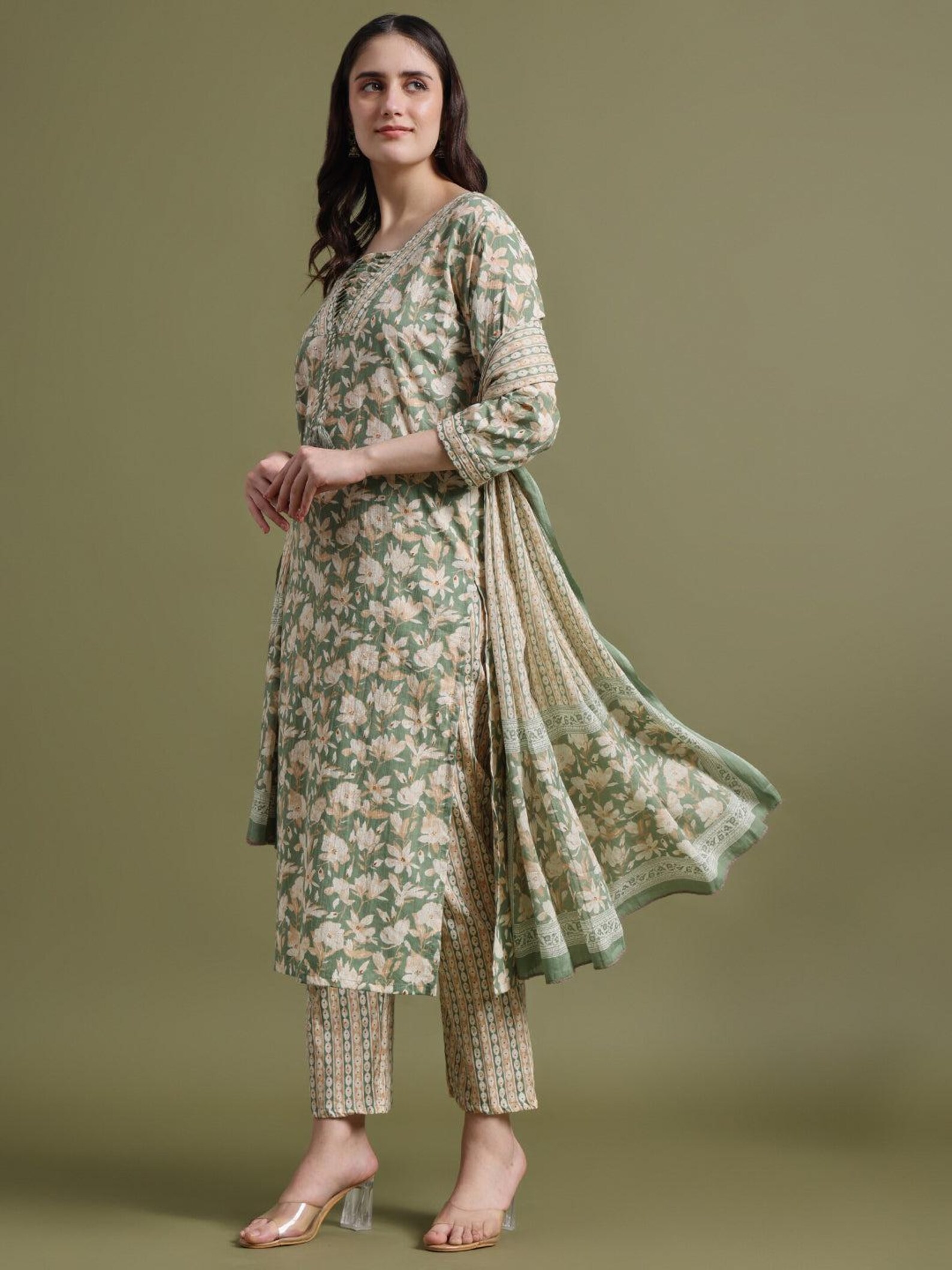 Sage Green Printed Kurti Set with Pants & Floral Dupatta main image 1