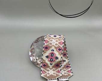 Geometric Peyote Cuff Bracelet - Unique Bohemian Tapestry Design in Blush and Beige Tones