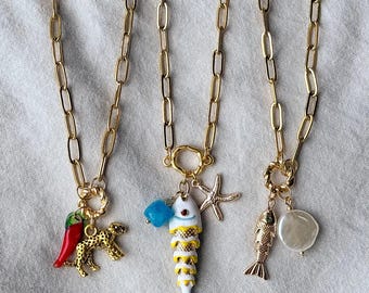 Gold Plated Pendant Layering Paperclip Chain Necklace with Cute Pendant Charms, Pearl, Fish, Leopard, Chili Charm Pendants