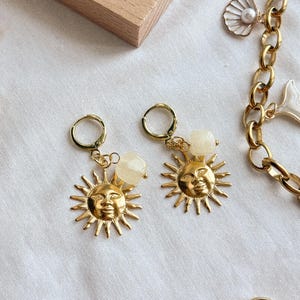 Celestial Gold Sun Huggie Earrings, Drop Charm Earrings, Unique Handmade Jewellery, Gold Earrings, Women&#39;s Gift