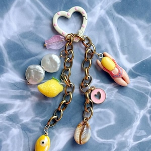 Cute Girly Pink and Yellow Summer Bag Charm, Trinket Lovers, Fruity Lemon Charm Hearts Vacation Keychain for Bags