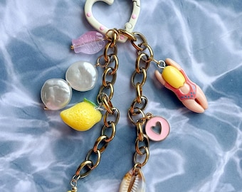Cute Girly Pink and Yellow Summer Bag Charm, Trinket Lovers, Fruity Lemon Charm Hearts Vacation Keychain for Bags