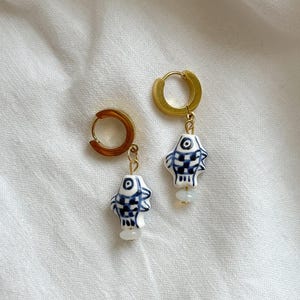 Ceramic Blue and White Fish Gold Plated Huggie Earrings, Drop Charm Earrings, Unique Handmade Jewellery, Gold Earrings, Women&#39;s Gift