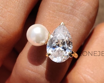 Bague toi et moi, taille poire 3 carats et bague de fiançailles en moissanite perle, bague en or massif 14 carats, bague perle latérale, bague de promesse, bague de proposition pour elle