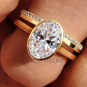 2.25 CT Oval Cut Moissanite Engagement Ring Set, 14K Solid Gold Ring Set, Bezel Ring With Pave Band, Bridal / Wedding Ring Set, Gift For Her