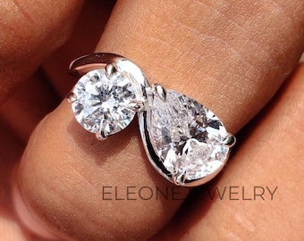 Bague toi et moi, bague de fiançailles en moissanite taille poire et ronde, bague en or 14 carats, bague deux pierres, bague superposable, bague de proposition, bague de promesse